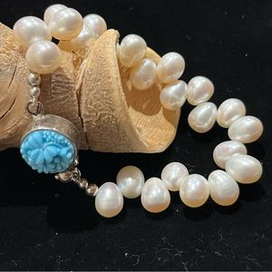 Sojourner Pearl Bracelet with 925 Clasp and Turquoise Carved Flower Accent